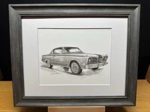 Disegno di un 1966 Plymouth Barracuda CUDA auto grafite matita arte schizzo quadro - Foto 1 di 17