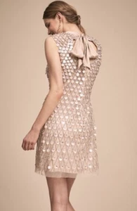 BHLDN Aidan Mattox Brillance Dress nude Back Bow Sheer Sequin Beaded Pearl 6 NEW - Picture 1 of 5