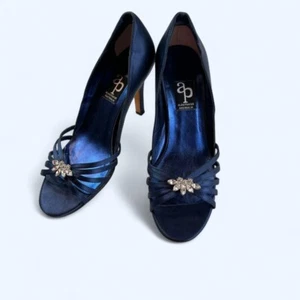 Navy Satin Alan Pinkus Heels w Rhinestone Embellishments Size AU7.5 - Picture 1 of 8