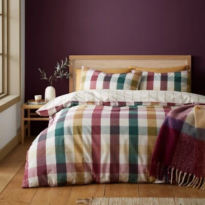 Catherine Lansfield Autumn Check Reversible Duvet Cover Bedding Set Plum