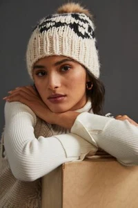 NWT Anthropologie Ivory Chunky Leopard Lined Faux Fur Pommed Beanie - Picture 1 of 4