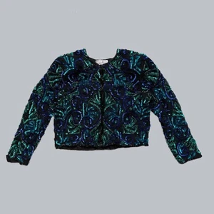 VINTAGE LAURENCE KAZAR Streetwear Ornate Sequin & Bead Silk Blazer Size M - Picture 1 of 7