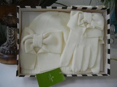 NIB KATE SPADE DOROTHY BOW BEANIE WINTER HAT CAP BOW GLOVE SET $98 GIFT BOXED - Image 1 of 4