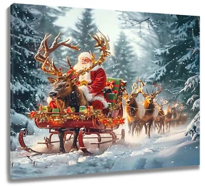 Winter verschneiter Wald Hirsch Weihnachtsmann abstrakt Wandbild für Bad Wohnzimmer - Bild 1 von 15