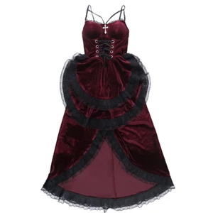 Sexy Lady Retro Velvet Midi Dress Spaghetti Strap Gothic Lace Ruffle Party Dress - Picture 1 of 24