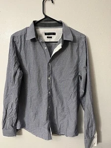 French Connection Men's Slim Fit Striped Button Shirt Blue Sz Medium Long Sleeve - Picture 1 of 5
