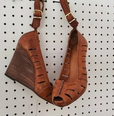 Zapatos Tacones Plataforma Peeptoe Apilados Cuero Madera Hippie Boho De Colección FRYE 7.5 Foto 1 de 4