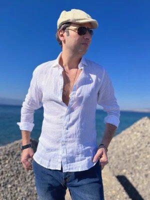 Camicia di lino, Bianca - Manica lunga - Camicia con collo - Puro lino - Slim - Immagine 1 di 3