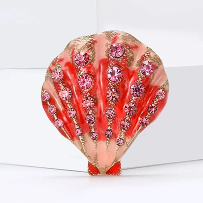 Vintage Pink Enamel Shell Brooch Rhinestone Ocean Summer Pin Beach Gift Jewelry - Image 1 of 4