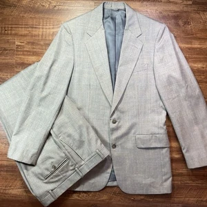 Vintage Hardy Amies Suit Men’s 40L 32x31 Gray Beige Plaid Wool Linen Poly Blend - Picture 1 of 20