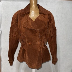 VTG  70s Leather Suede Womens Fringe Jacket Caramel Brown Hippie Western Boho M - Picture 1 of 12