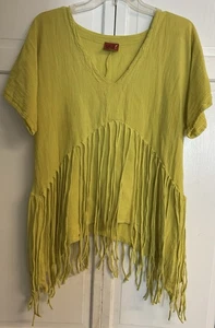 Oh My Gauze Shirt Womens 1 Yellow Fringe Boho Top V Neck Cotton Festival Beachy - Picture 1 of 8
