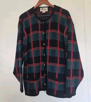 VTG Crystal-Kobe Sweater Womens 2X Cardigan Gold Buttons Plaid Christmas Holiday - Image 1 of 4