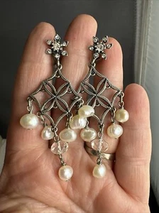 Sterling Silver Chandelier Genuine Pearl Clip On Earrings - Picture 1 of 14