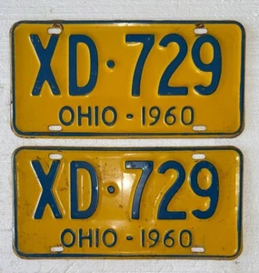 PAIR 1960 OHIO License Plate No. XD729 Set Car Truck Vintage Blue Yellow - Picture 1 of 13