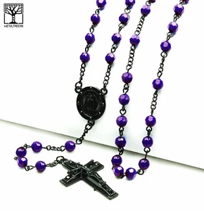 Herren Indigo Perlen Guadalupe & Jesus Kreuz 28" Rosenkranz Halskette HR 600 BKBL - Bild 1 von 3