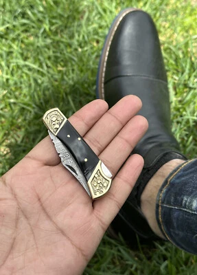 NAVAJA DE BOLSILLO PLEGABLE DE ACERO DAMASCO DE CAZA HECHA A MANO PERSONALIZADA CUCHILLO DE CAMPING EDC Foto 1 de 4