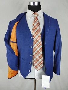 Custom Bespoke Mens Navy Blue 3 Piece Vested Suit Slim Fit Two Button 36/38S 32W - Picture 1 of 18