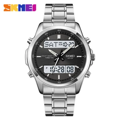 SKMEI Men Quartz Watch Silver Steel Digital Wristwatch Male Sport LED Watches - Image 1 of 4