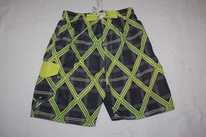Boys Swim Trunks GRAY & LIME GREEN CRISS CROSS DIAMOND Leg & Inner Pocket M 8-10 - Picture 1 of 2