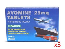 Avomine 25mg 3 pack, 30 Tablets - For travel sickness | FAST AND FREE DELIVERY