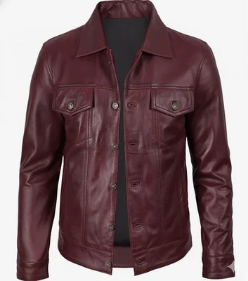 Chaqueta de camionero para hombre de cuero de cordero real borgoña Foto 1 de 3