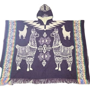 Alpaca Hooded Poncho 70% Wool Llama Pattern Cape Ecuador One Size  - Picture 1 of 7