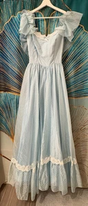 VTG Polka Dot Lace Trim Maxi Dress Baby Blue Small Sz 7 Coquette Cottagecore - Picture 1 of 17