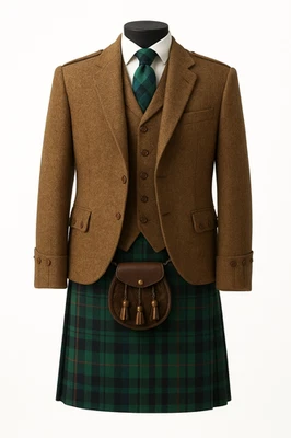 Scottish Brown Tweed Argyle Kilt Jacket With Vest 100% Tweed Wool Jacket For Men - Photo 1/3