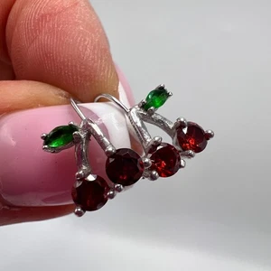 Vintage Sterling Silver 925 Children's Cherry Stud Earrings Zircon 1.28g Gift - Picture 1 of 8