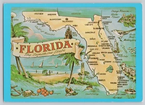 Mapa de Florida The Sunshine State monumentos ilustrados 1987 postal continental - Imagen 1 de 2