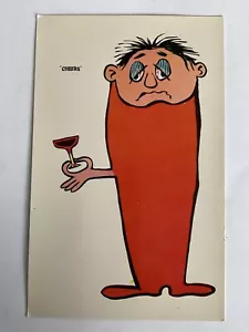 Comic~1950s~Cheers~sad drunk man in red holds glass of wine~Colourpicture~chrome - Picture 1 of 2
