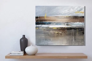 Original medium Abstract Hand painted Canvas warm beige grey bronz blue gold - Picture 1 of 12