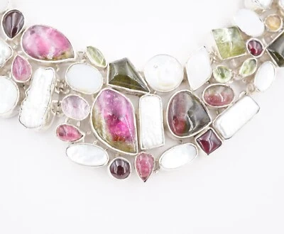 Sterling Silver Necklace Watermelon Tourmaline Bib Statement Chunky 18" NS2116 - Imagem 1 de 4