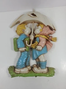 Vintage Plastic Wall Art #7494 Boy & Girl Under Umbrella 13" Tall HOMCO 1977 - Picture 1 of 10