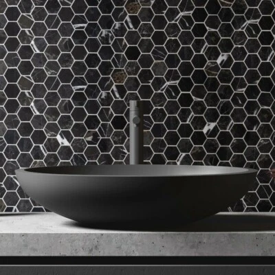 Turin Mosaic Tiles Sheet Hexagon Black Marquina Marble Walls Floor Baths Kitchen - Image 1 of 4