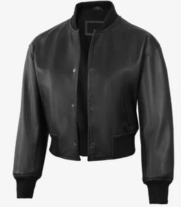 Cropped Bomberjacke Damen schwarz geknöpft - 100% echtes Lammleder Lederjacke - Bild 1 von 6