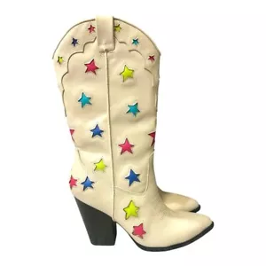 Nuovi stivali Steve Madden luminosi avorio stelle colorate cowboy western in pelle 6,5 - Foto 1 di 8