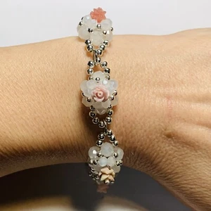 2-Pc Artisan Handcrafted Beaded Wedding Cake Roses Bracelet & Earrings Set Pink - Picture 1 of 11
