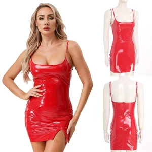 Mujeres Cuero PU Ajustable Correas para el Hombro Cremallera Trasera Dobladillo Dividido Bodycon Vestido - Imagen 1 de 24