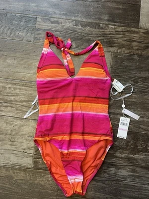 Trina Turk 条纹异想天开的吊带粉色橙色连体泳衣度假 — 第 1/4 张图片