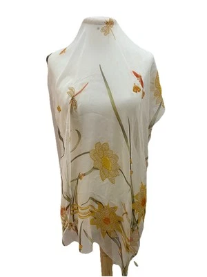 Lenço de seda S42# Cartier Paris - Estampa floral branca com libélulas - Transparente  - Imagem 1 de 4