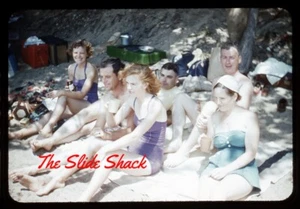 people at beach beer can original 1950's red border Kodachrome 35mm slide - Picture 1 of 1
