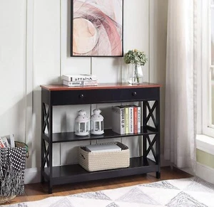 Accent Table With Storage Drawer Console Organizer Decorative Cherry Wood Black - Picture 1 of 3