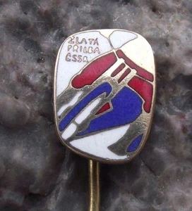 Antique Pardubice Golden Helmet Motorbike Speedway Banking Rider Pin Badge - Picture 1 of 4