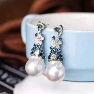 Baroque 12-11mm south sea white pearl earring 925 silver - Picture 1 of 4