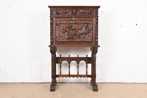Antique 19th Century Spanish Baroque Renaissance Ornate Carved Walnut Desk Cover
