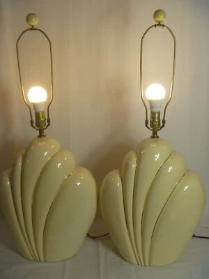 Vintage Table Lamps 50s Art Deco Butter Cream-color w/ Gold, Seashell Ceramic - Image 1 of 4