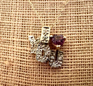 Colgante vintage de oro de dos tonos de 14K pavé de diamantes amatista I Heart You cadena de 10K - Imagen 1 de 7