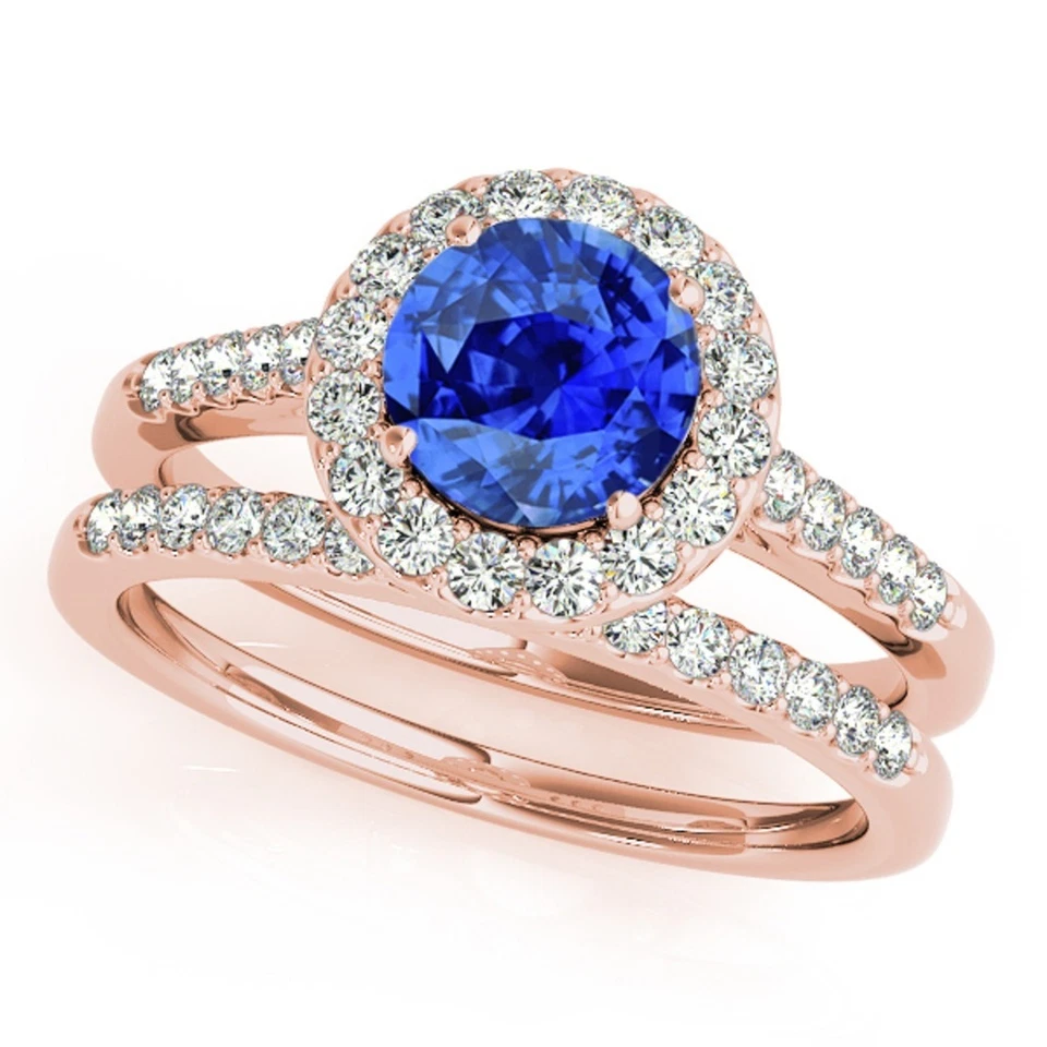 1.40 Ct. Halo Tanzanite And Diamond Bridal Set In 14k Solid Gold - Image 1 of 1